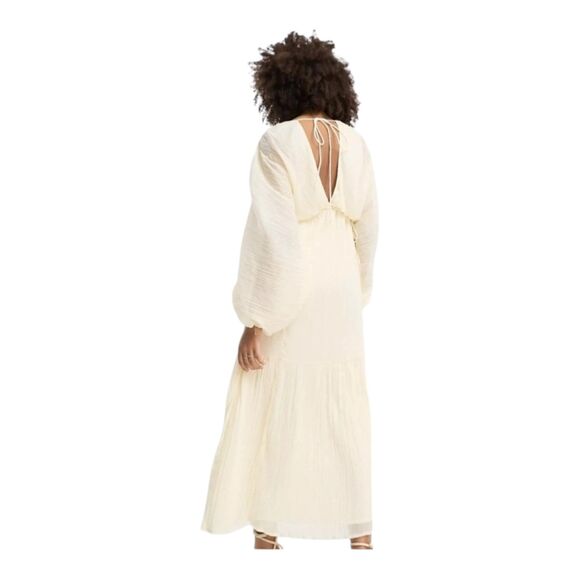 ASOS Design Cream Chiffon Maxi Dress US12 Pleated Balloon Sleeves, Open Back - Picture 3 of 7